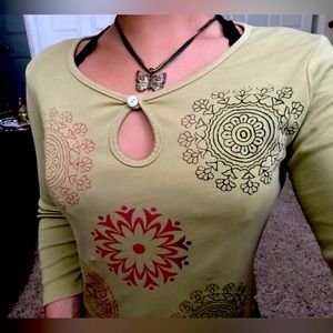 Velvet Cropped Boho Mandala Long Sleeve Green Size M